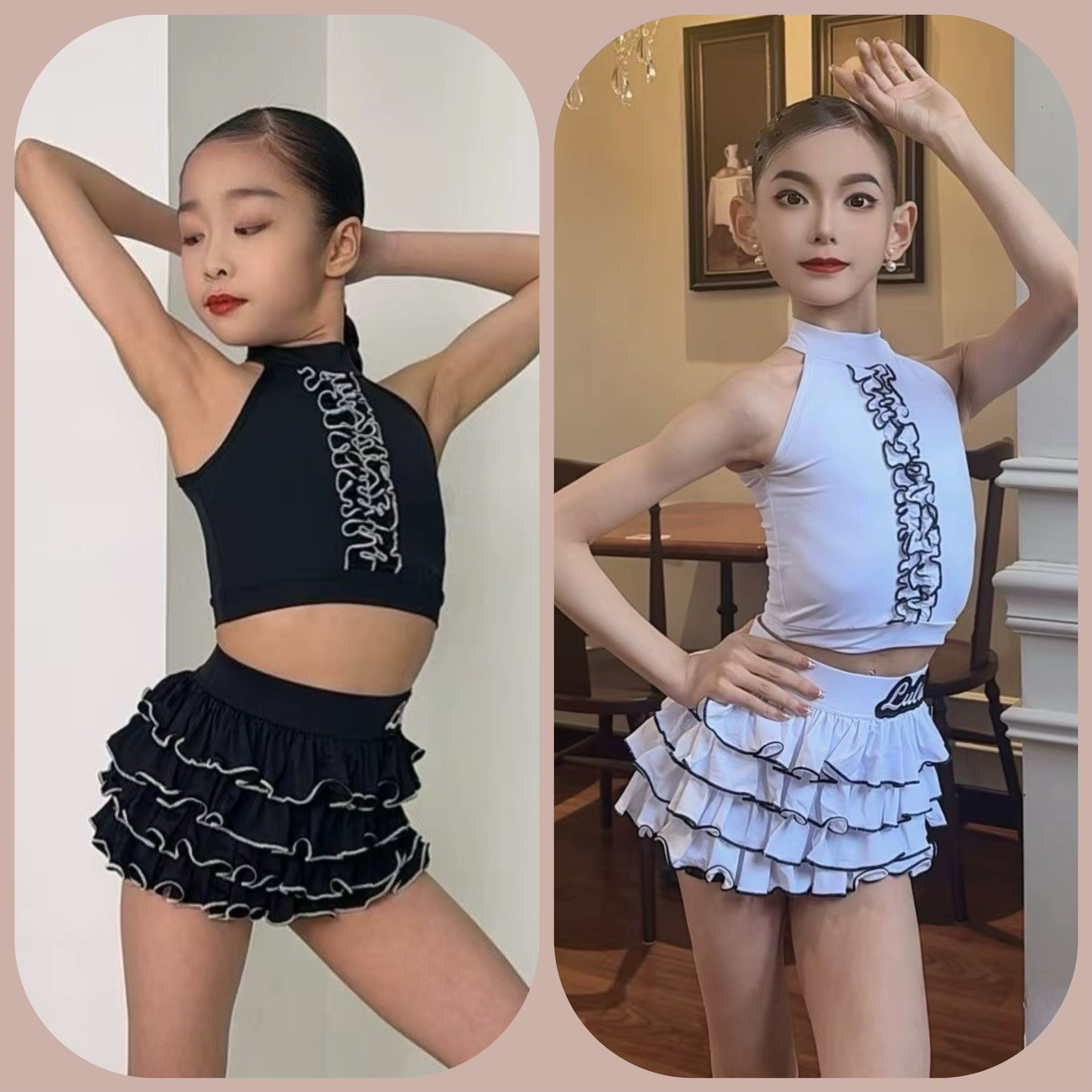 Lulu舞服少儿拉丁舞春夏分体蛋糕精英拼色无袖练习服女童跳舞