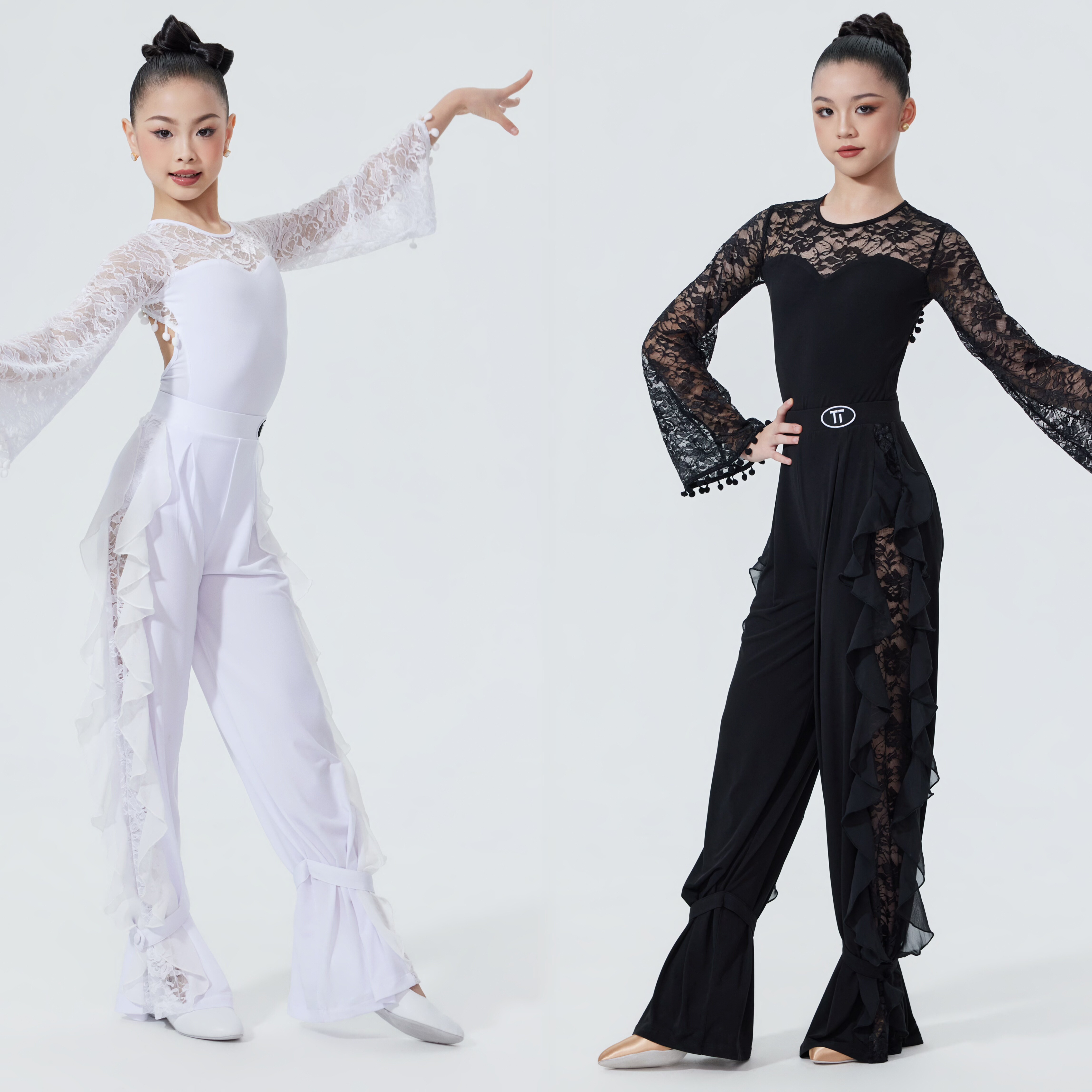 TT舞服少儿摩登舞蕾丝长袖拼接花边摩登裤束脚跳舞女童泡泡袖女童