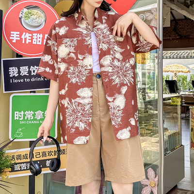 日系复古短袖衬衫男女港风碎花夏