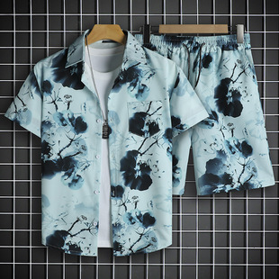 2025冰丝短袖t恤衬衫男士短裤潮流休闲旅游情侣时尚穿搭套装