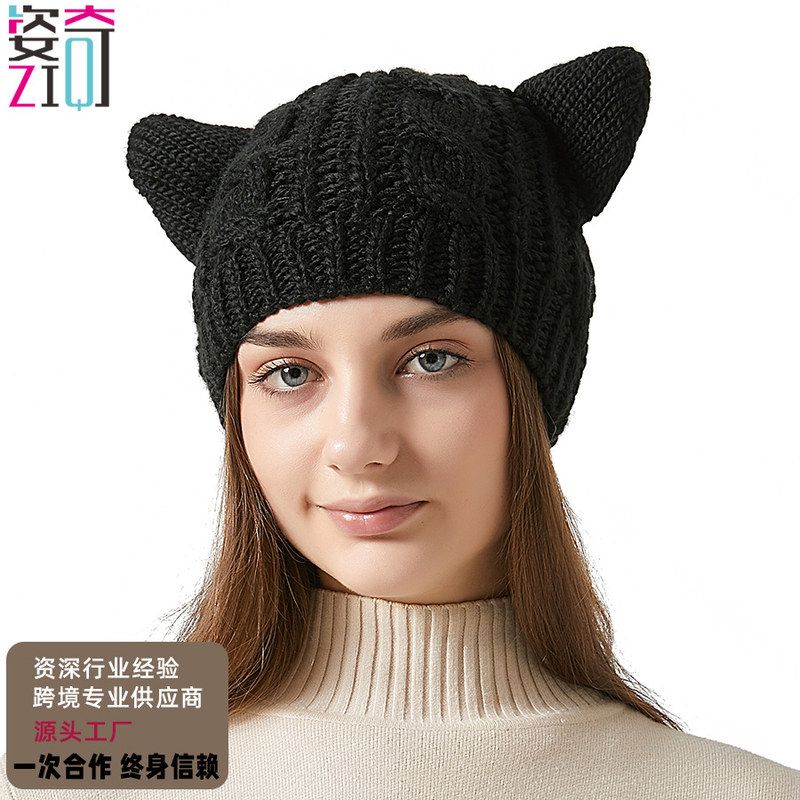 帽子工厂批发欧美恶魔角猫耳朵针织帽卡其卡通减龄护耳保暖毛线帽