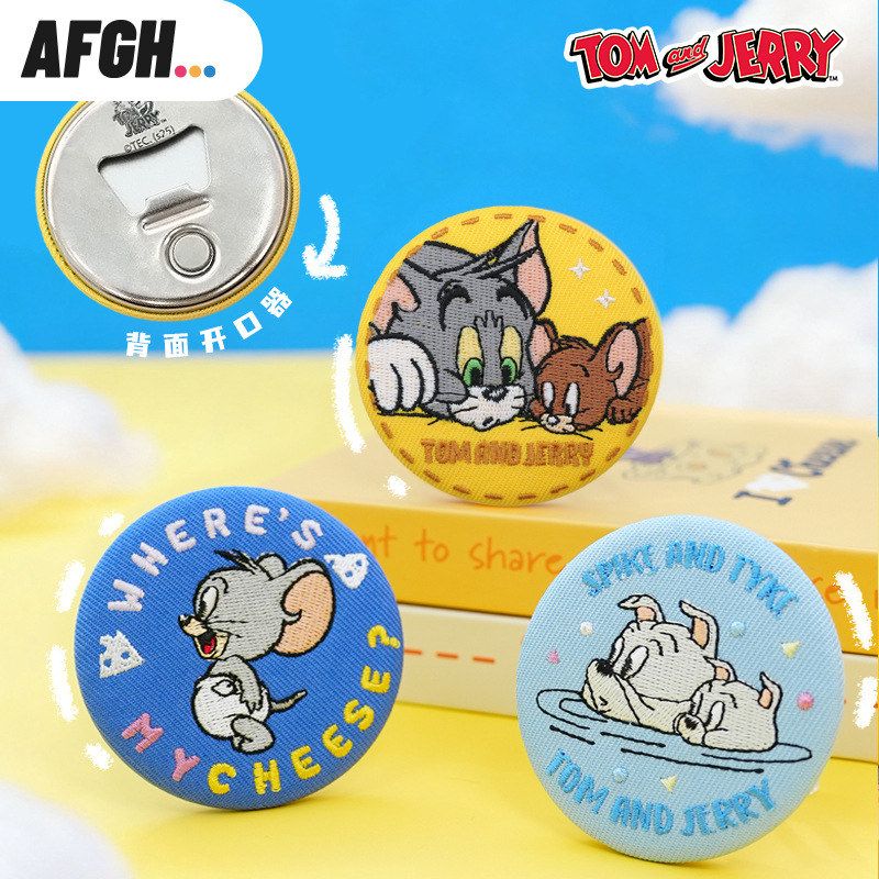 正版AFGH猫和老鼠TOMandJERRY马口铁刺绣冰箱贴圆形卡通造型开瓶