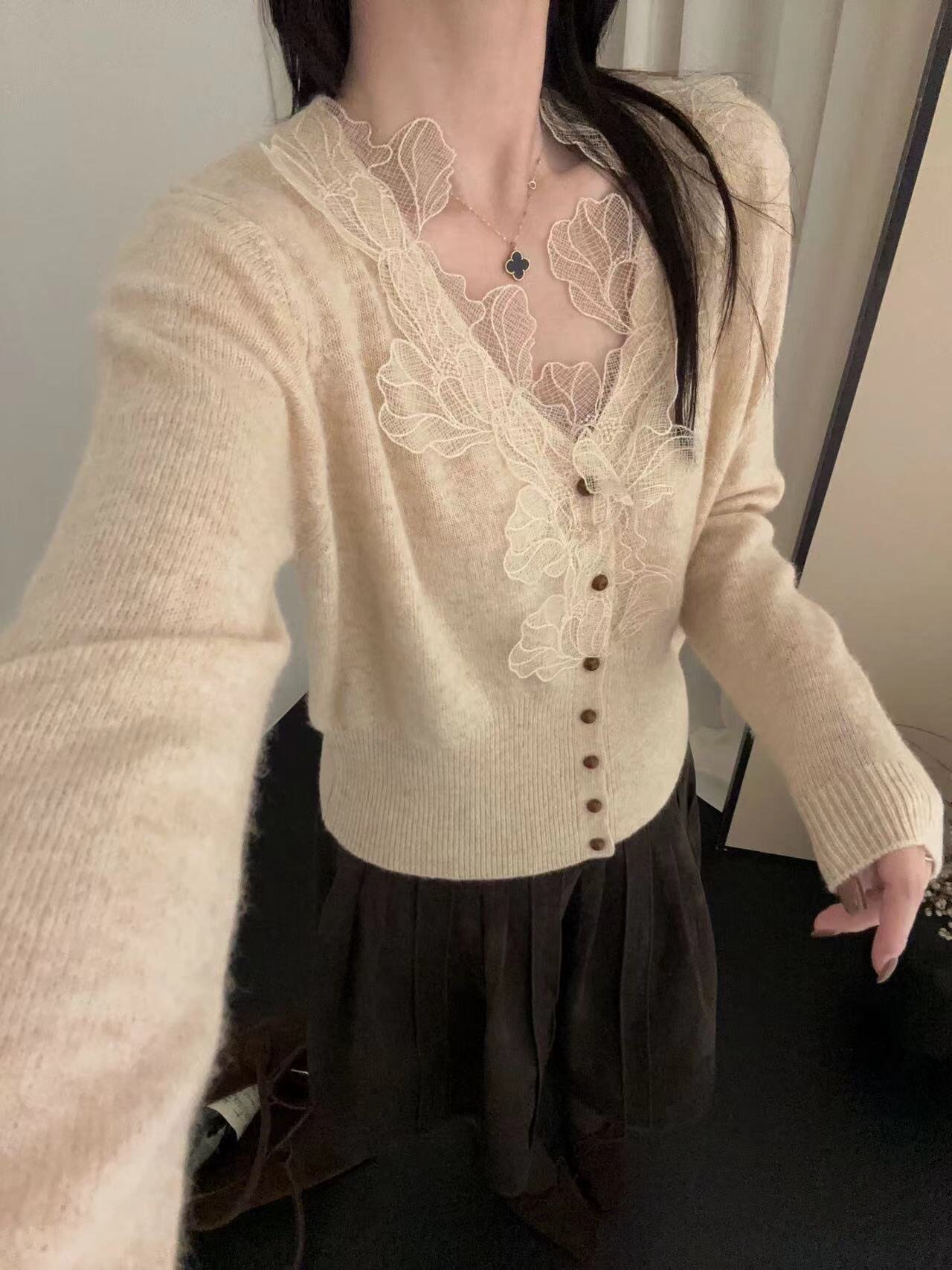 蕾丝花边羊毛羊绒针织开衫女外套