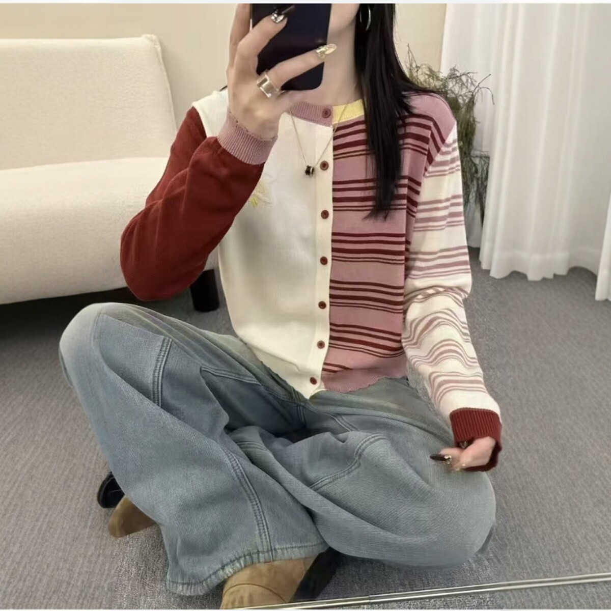 2026春季新款韩系宽松圆领拼色条纹细羊毛针织开衫女百搭上衣外套