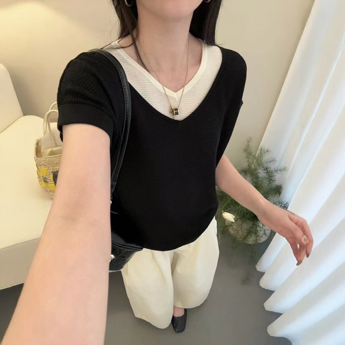 2026春季新款韩系宽松显瘦V领假两件天丝针织短袖女百搭上衣T恤衫