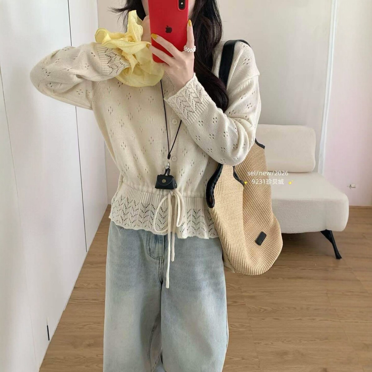 2026春季新款韩系甜美系带镂空羊毛针织开衫女时尚百搭上衣外套潮