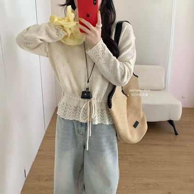 甜美系带镂空羊毛针织开衫女百搭