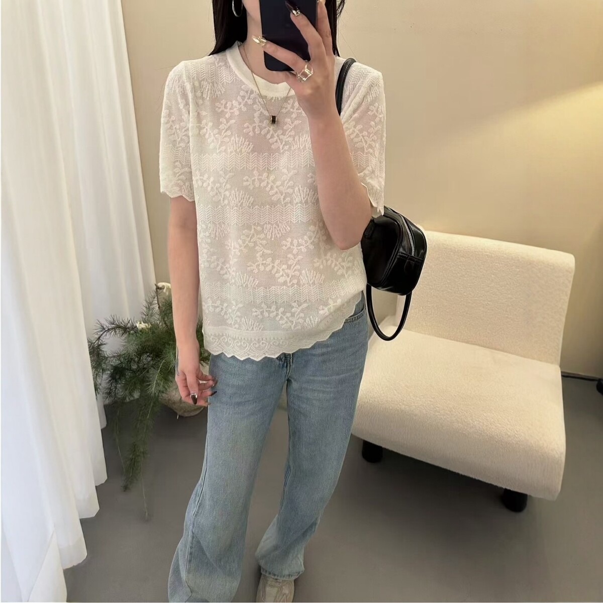 2026春季新款韩系宽松圆领钩花蚕丝羊毛针织短袖T恤衫女百搭上衣