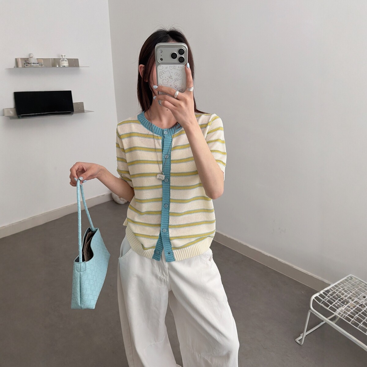 2026夏季新款韩系宽松显瘦圆领条纹亚麻针织开衫短袖女薄款上衣潮