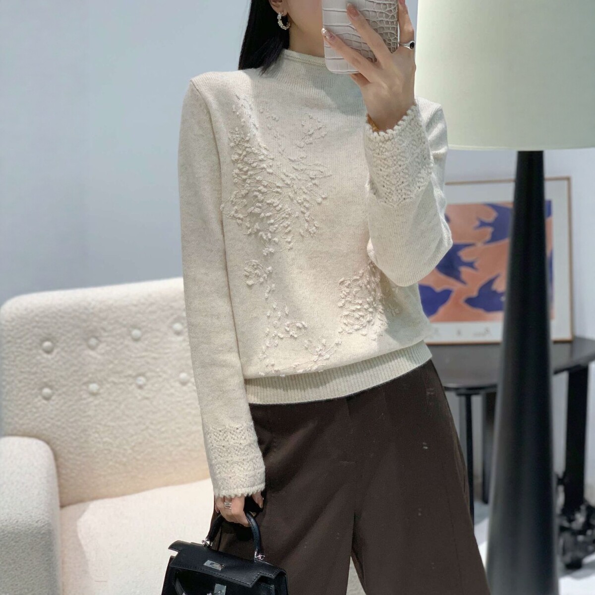 半高领绣花蜜熊羊毛针织衫女毛衣