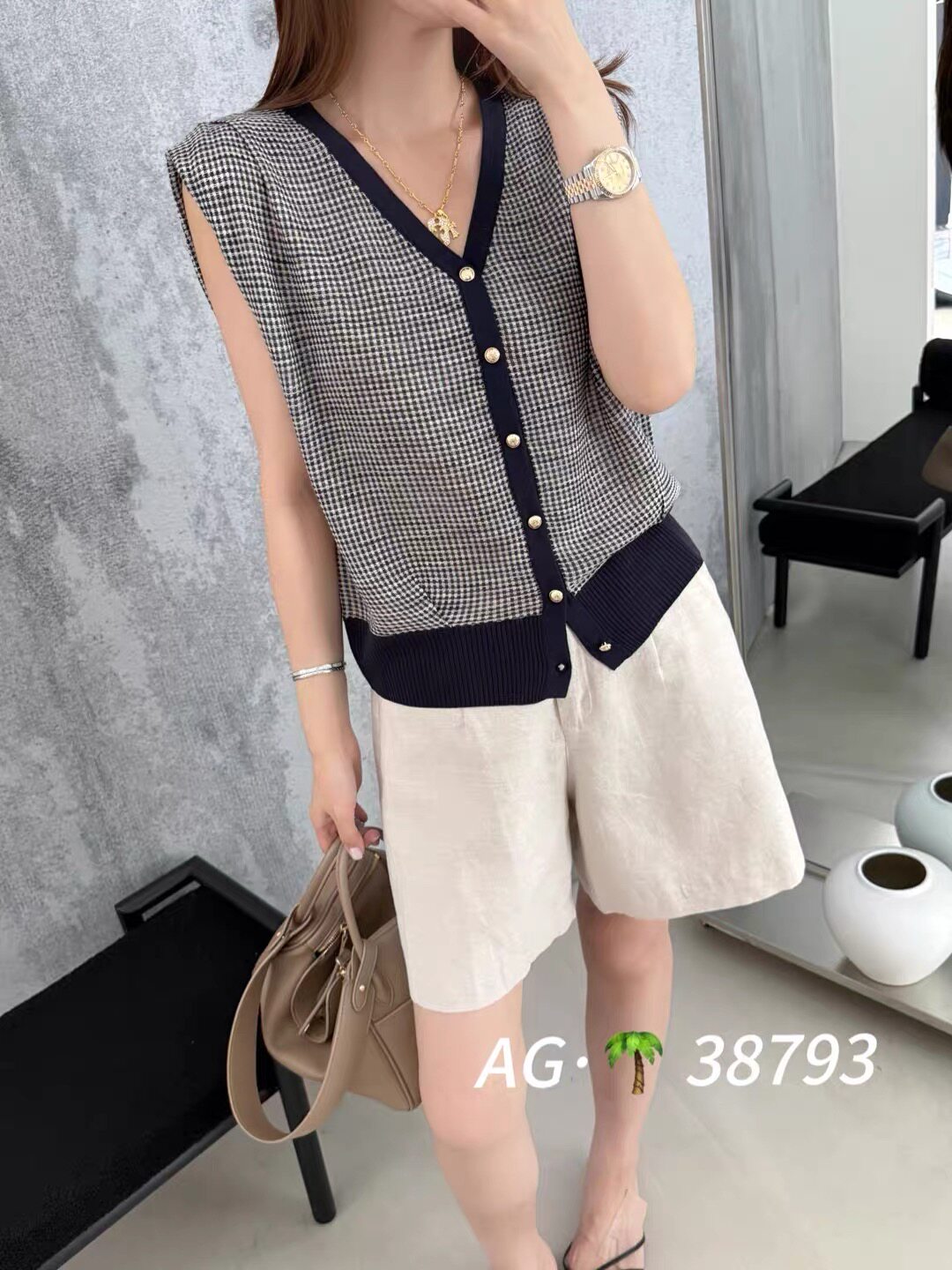 显瘦千格鸟天丝麻针织无袖女薄款