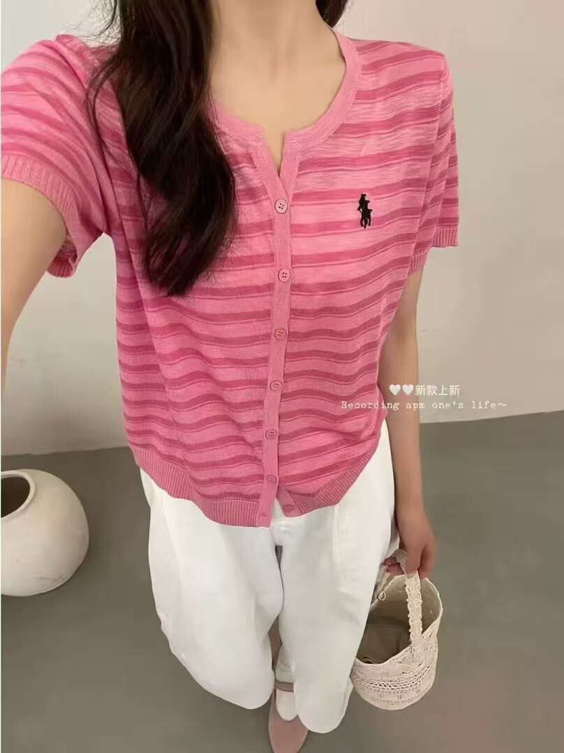 显瘦条纹刺绣竹节麻针织短袖薄款