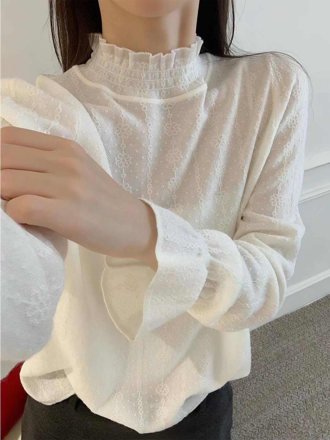半高领蕾丝天丝羊毛针织衫女薄款