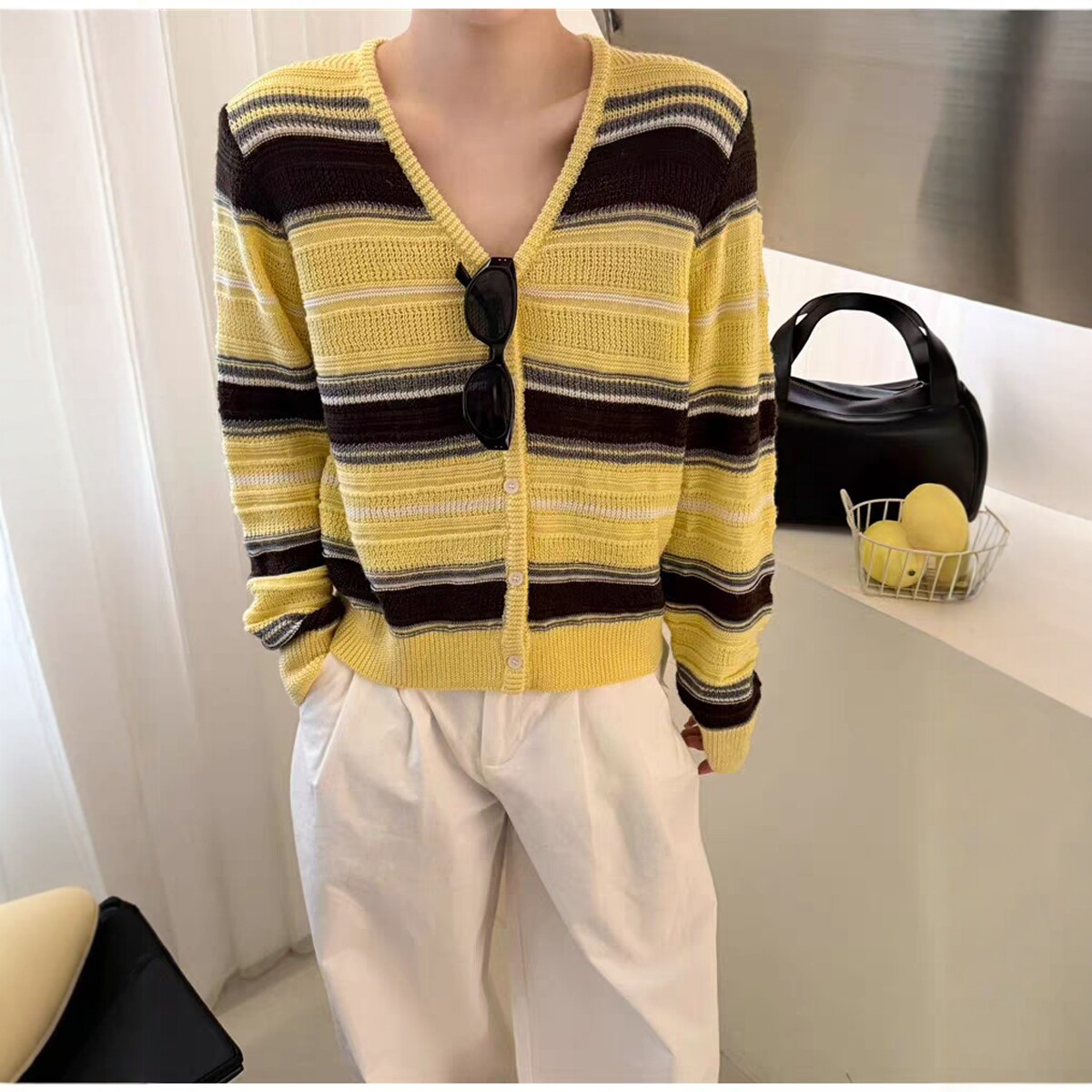 2026春季新款韩系宽松显瘦V领撞色条纹珍珠麻针织开衫女上衣外套