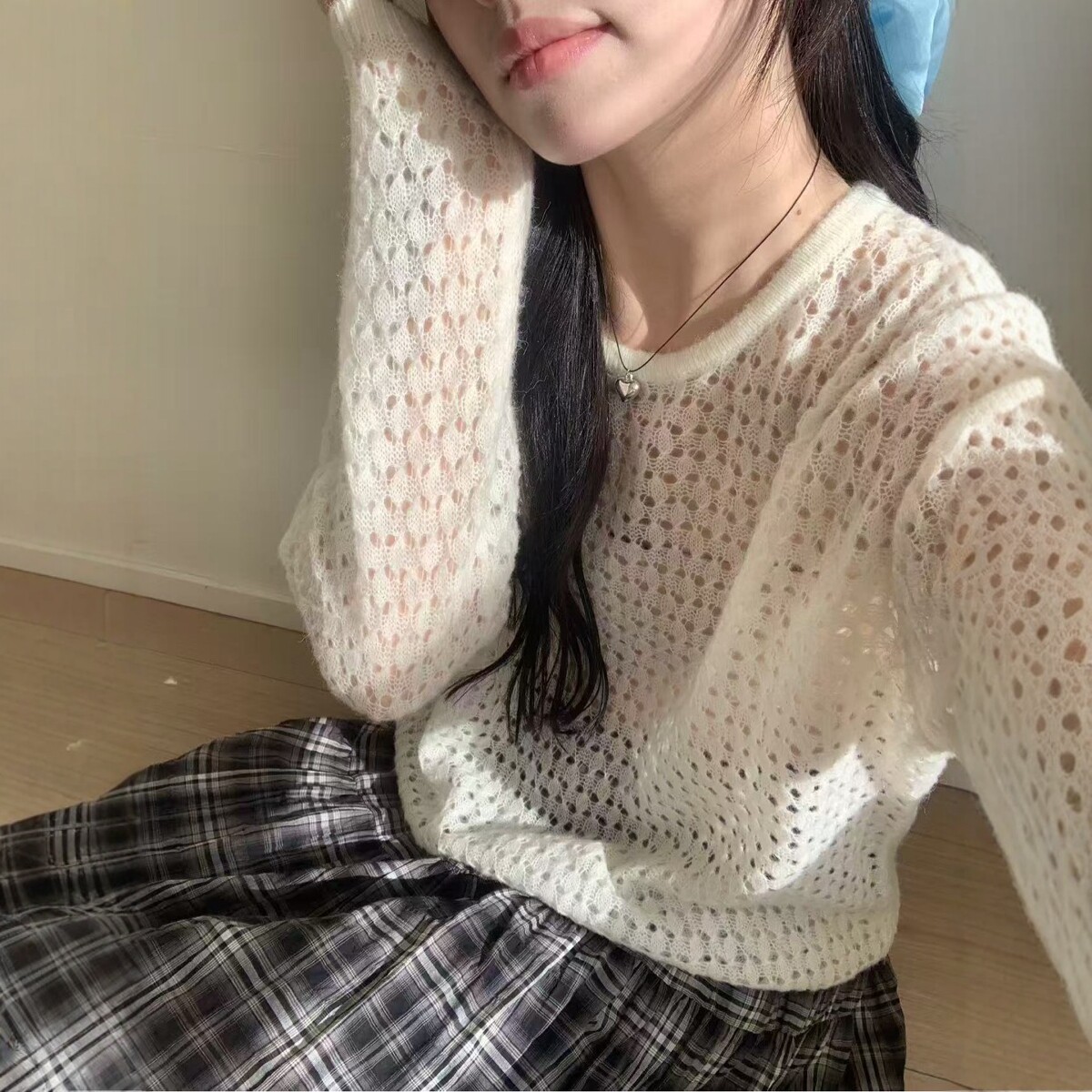 2026春季新款韩系慵懒风圆领镂空羊驼绒针织衫女百搭防晒罩衣毛衣