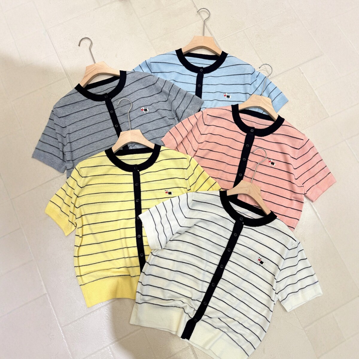 2026春季新款韩系宽松翻领条纹刺绣细羊毛针织短袖T恤衫女上衣潮