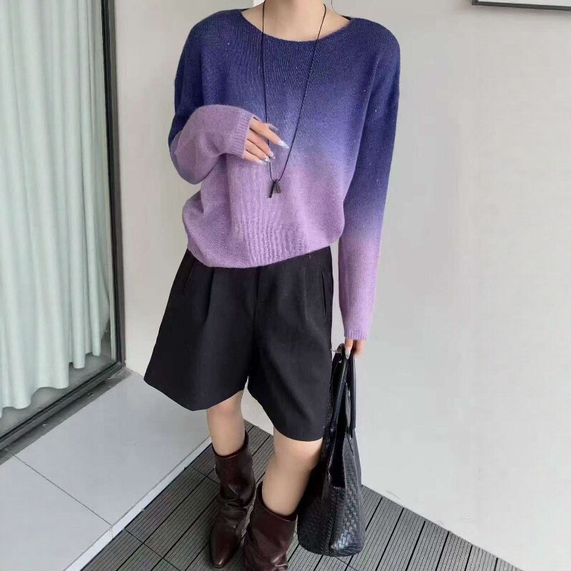 2025秋冬新款韩版宽松圆领套头毛衣女百搭渐变色全羊毛针织衫上衣