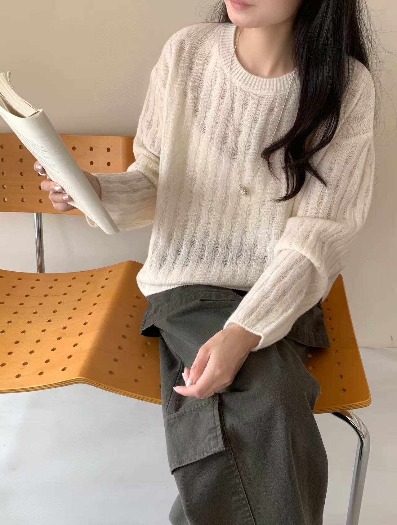 显瘦圆领竖条纹全羊毛针织衫百搭