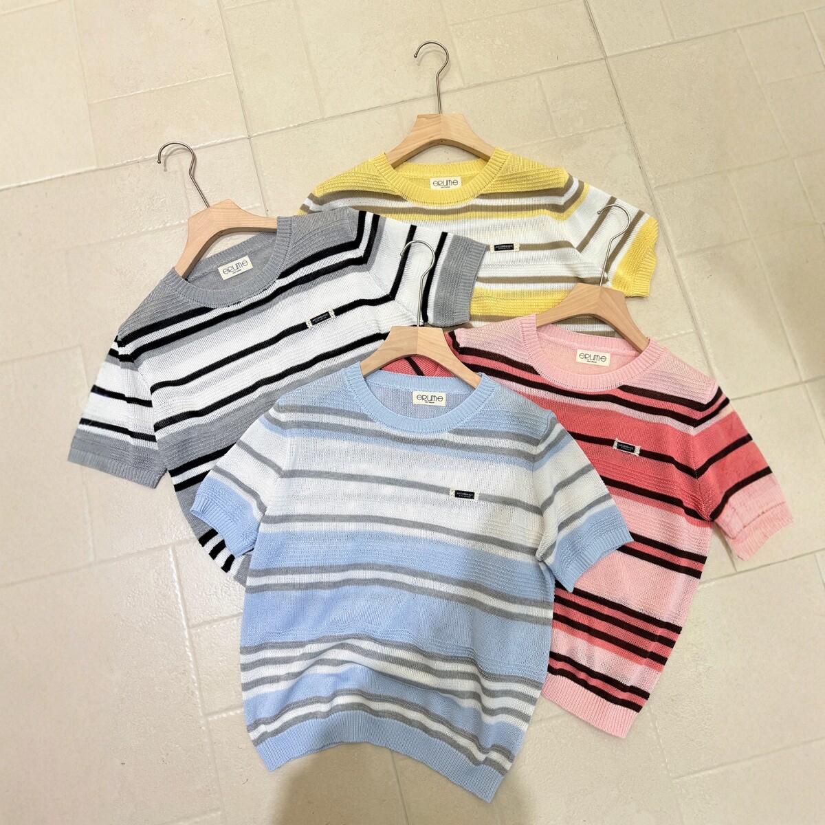 2026春季新款韩系宽松显瘦圆领撞色亚麻针织短袖T恤衫女百搭上衣