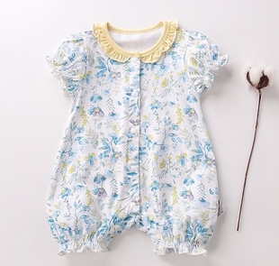 拉比爬服夏款绚丽花边全开连体短袖衣女宝碎花外出哈衣LSBC101626