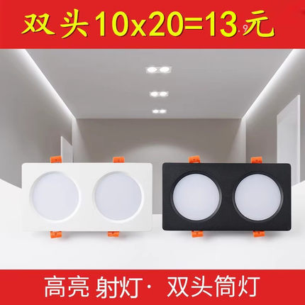 双头筒灯led天花灯嵌入式格栅吊顶斗胆灯射灯10x20长方形孔灯黑色