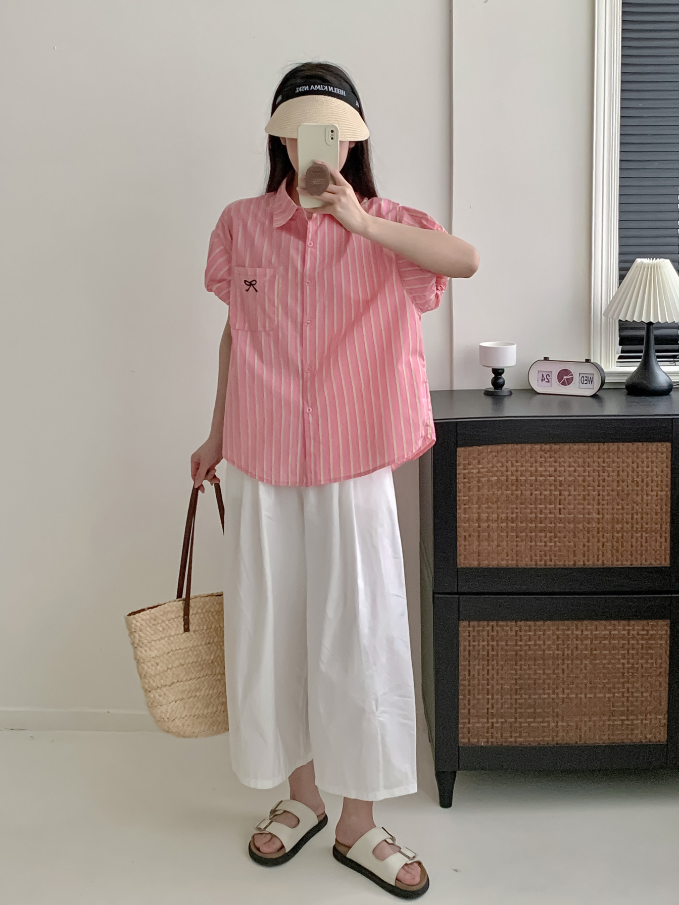 蝙蝠袖竖条纹POLO领粉色衬衫衬衫