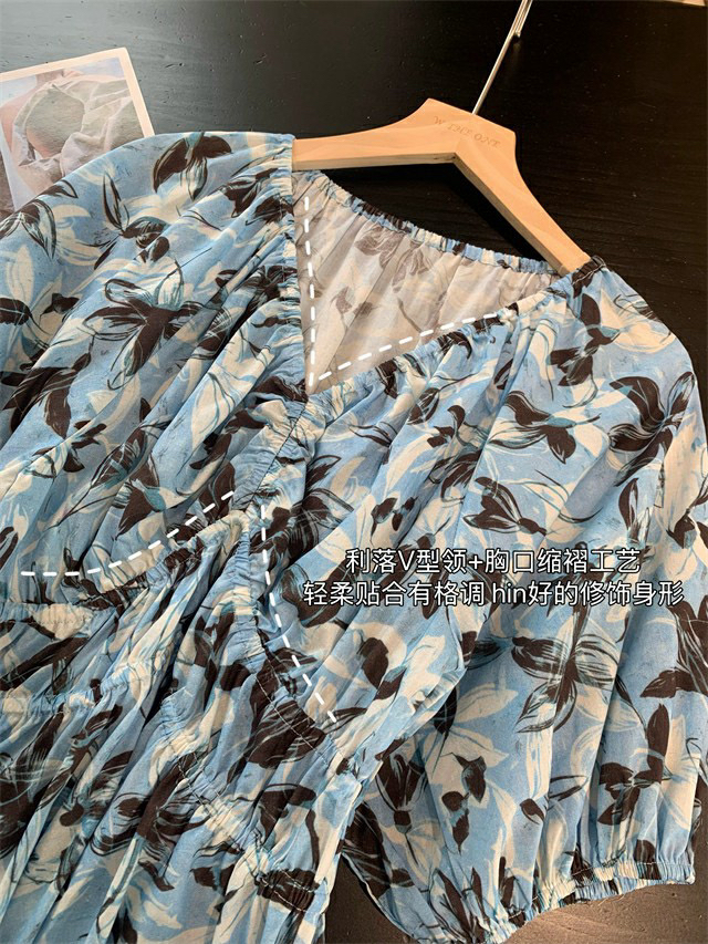 100棉法式温柔撞色花卉印花裙纯棉亲肤中长款V领连衣裙女202525夏