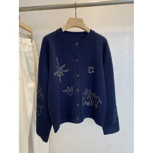 掌柜自留!!老渠道R牌~早春图腾撞色绣花100羊毛针织开衫毛衣女