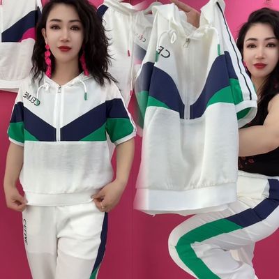 休闲短袖运动服套装女夏季新款时尚中年妈妈宽松显瘦拼色大码女装