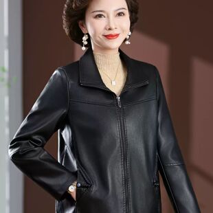 中老年皮衣外套女新款 PU皮夹克今年流行宽松端庄皮褂上衣 妈妈秋装