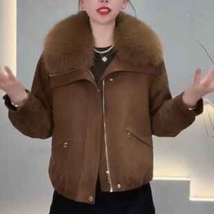 大毛领加绒短外套女2026冬季新款时尚百搭小个子鹿皮绒羽绒服潮