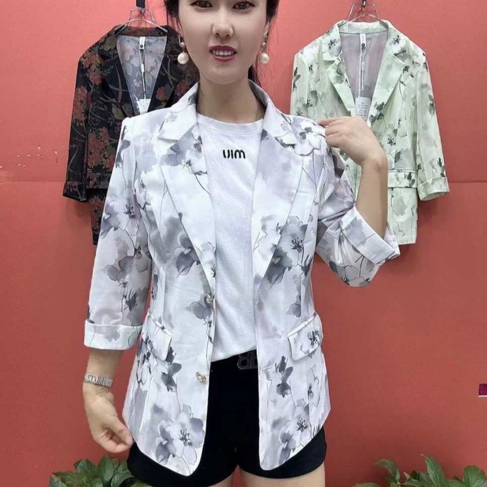 高级感七分袖印花西装外套女夏季薄款时尚气质百搭修身小西服上衣