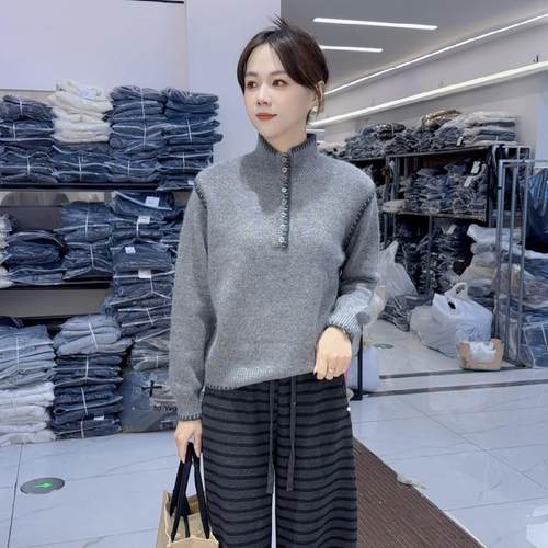 慵懒风半开扣立领毛衣女灰色宽松显瘦百搭针织衫羊毛打底上衣