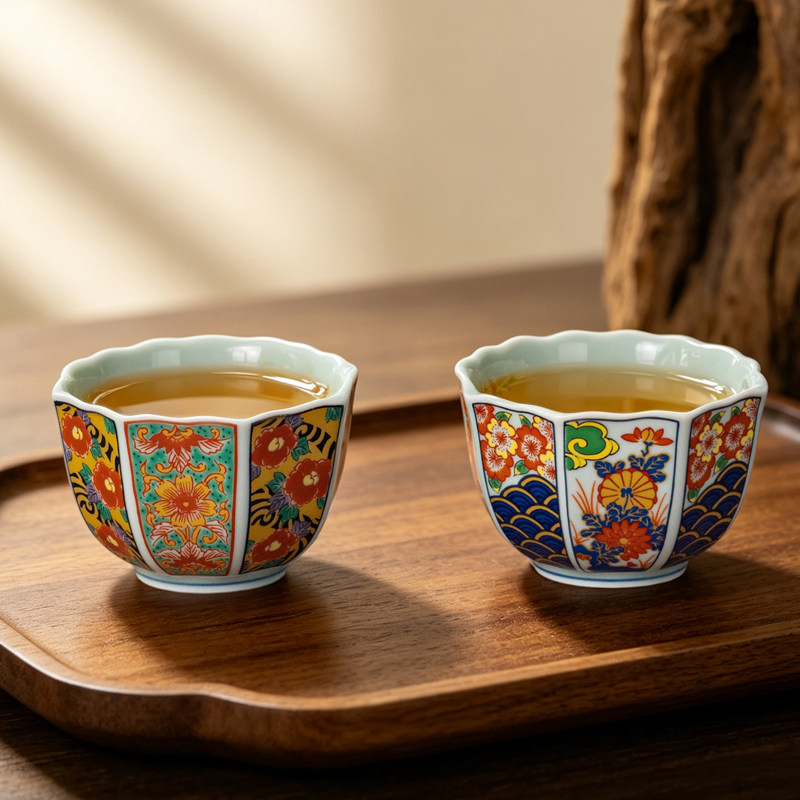 日本进口宫廷风有田烧菊樱青波茶杯双色牡丹茶杯