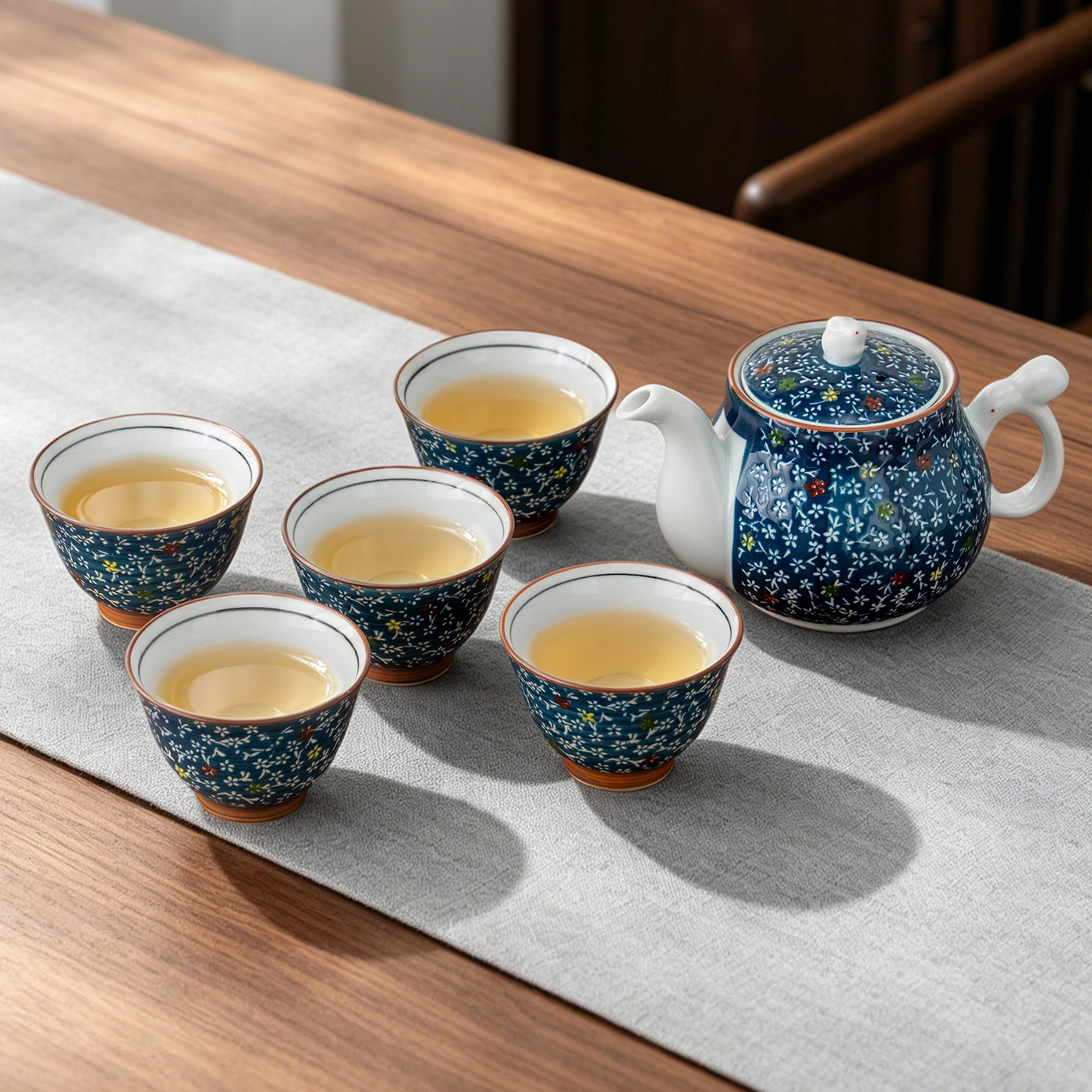 美浓烧日式手绘碎花茶具套装一壶五杯陶瓷泡茶壶品茗杯整套礼盒装