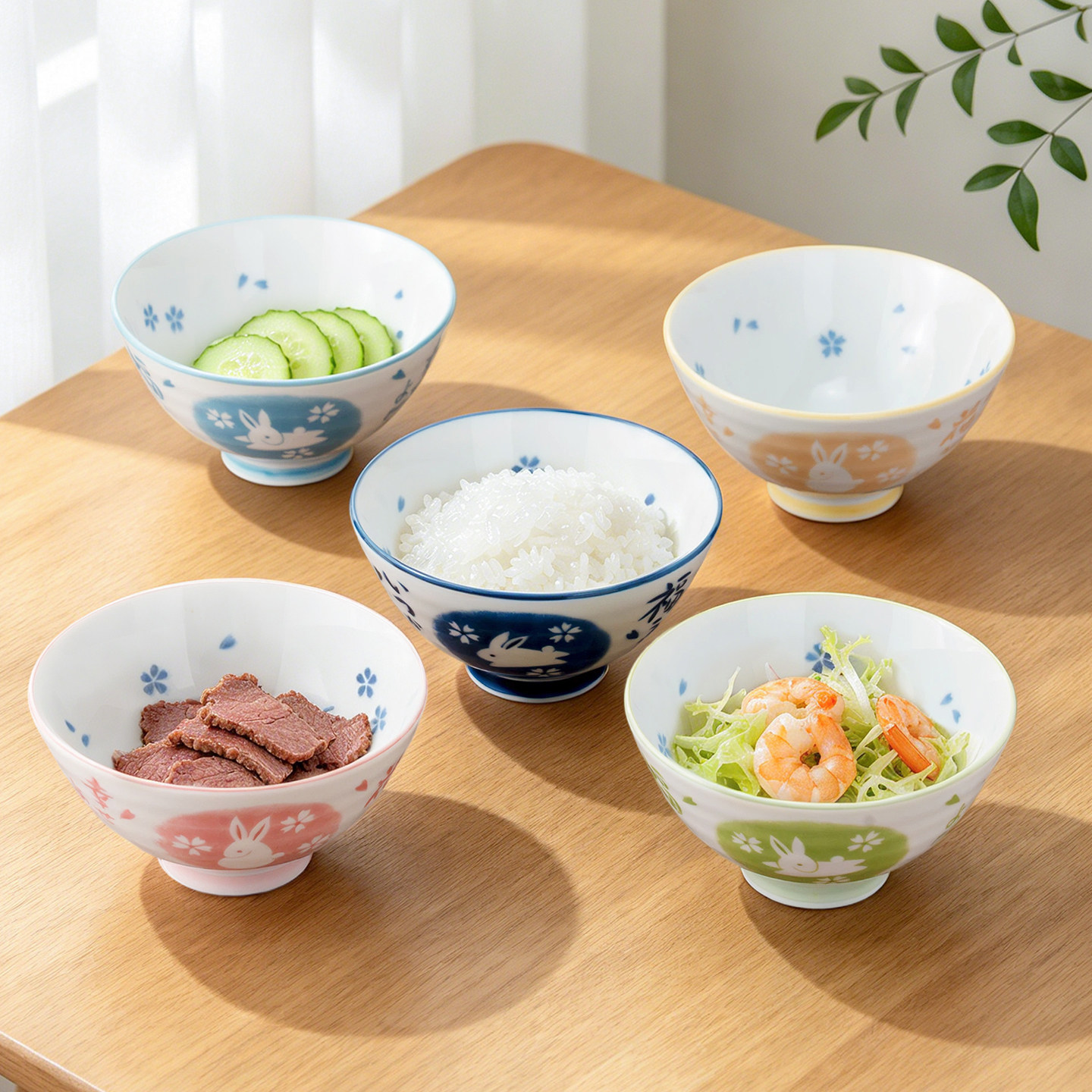 美浓烧日式进口5.0英寸饭碗家用陶瓷碗5个装高颜值卡通饭碗套装