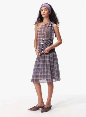 ASKFORMOON 原创紫色格纹压褶拼接轻盈透气半身裙女2025夏季新款