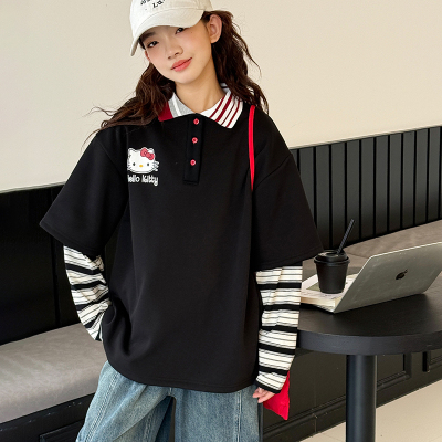 女童加绒卫衣2025冬装新款儿童假两件拼接袖翻领上衣大童时髦衣服