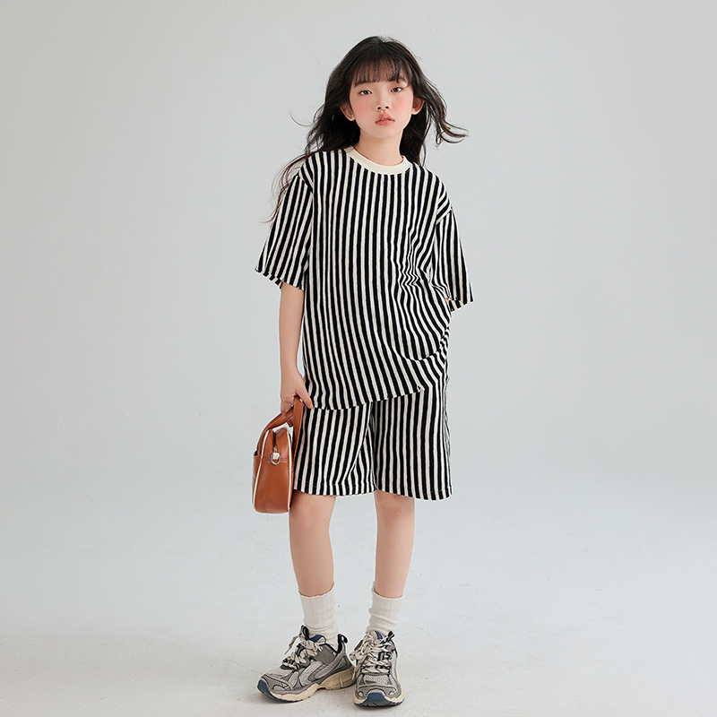 【清仓】女童夏装中大童夏季薄款两件套儿童夏款条纹时尚短袖套装