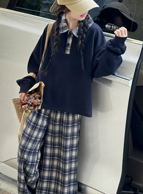 女童卫衣套装2026秋装新款儿童格子裤休闲两件套女大童春秋衣服潮