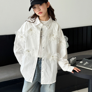 女童春装衬衫2026新款儿童立体花朵气质上衣大童春秋白色长袖衬衣