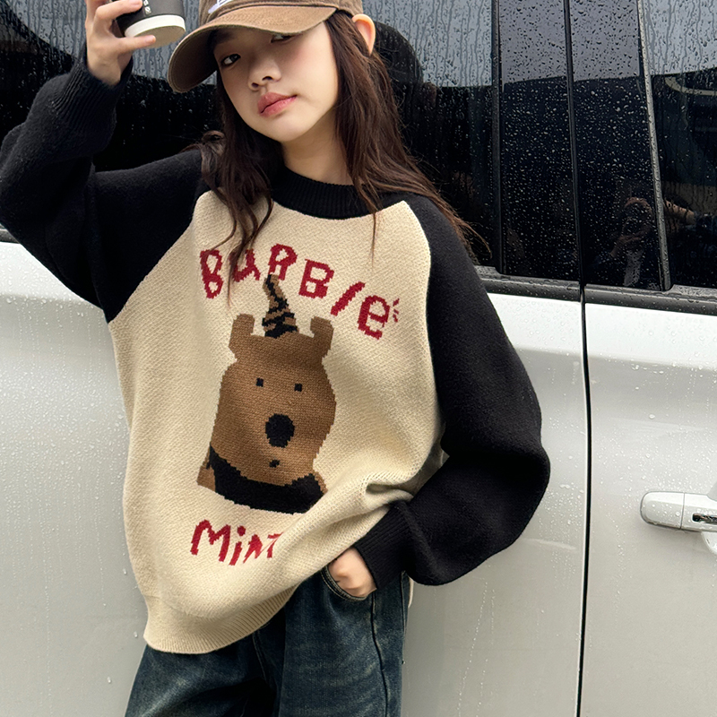 女童针织衫毛衣秋冬保暖2025新款儿童撞色插肩袖软糯针织冬装上衣