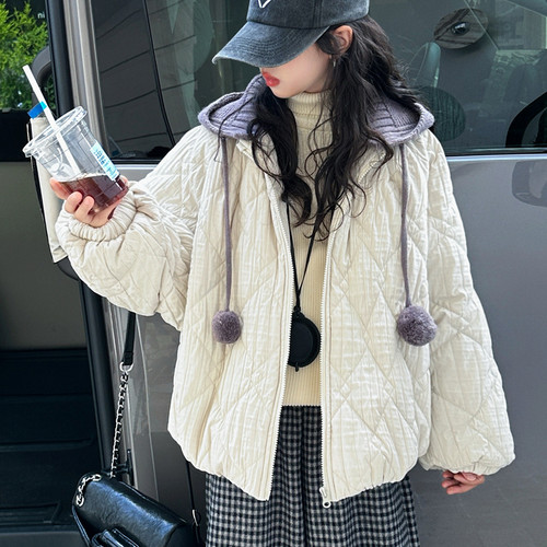 女童绗线棉服袄秋冬装2025新款大童夹棉加厚外套儿童毛线帽衣服潮