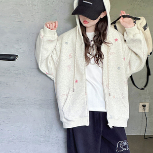 女童连帽运动外套2026春装新款儿童韩系印花卫衣大童春秋休闲上衣