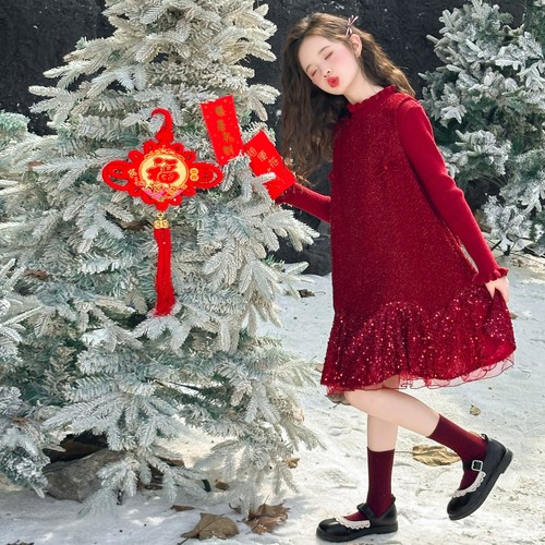 女童拜年服2025新款中式国风儿童拜冬年服喜庆风冬装女大童连衣裙