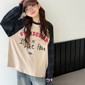 上衣大童春秋格子拼接打底衫 女童长袖 儿童插肩袖 春装 T恤2026新款