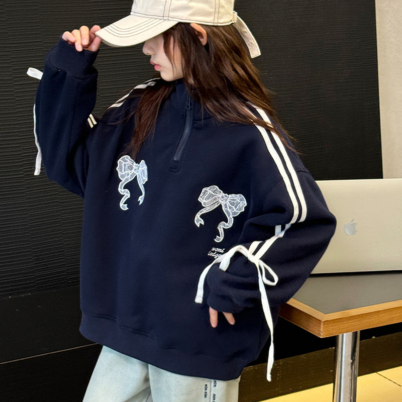 【清仓】女童卫衣加绒加厚冬季儿童蝴蝶结半拉链宽松休闲百搭上衣