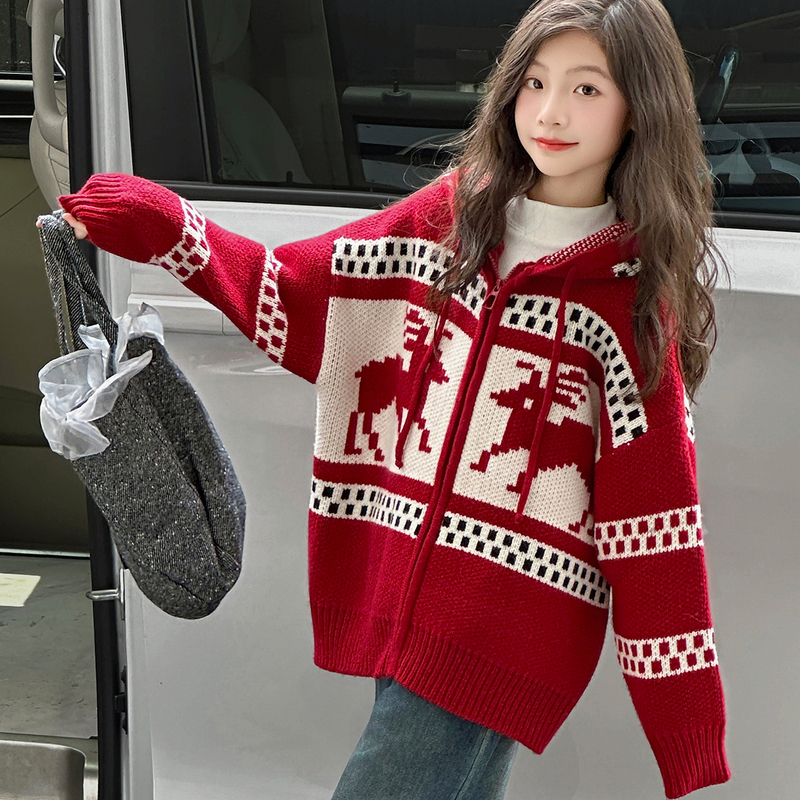 女童毛衣外套2025新款秋冬装大童提花连帽上衣儿童加厚保暖针织衫