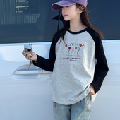 清仓 女童长袖 T恤春装 儿童宽松插肩袖 刺绣上衣春秋大童打底潮t