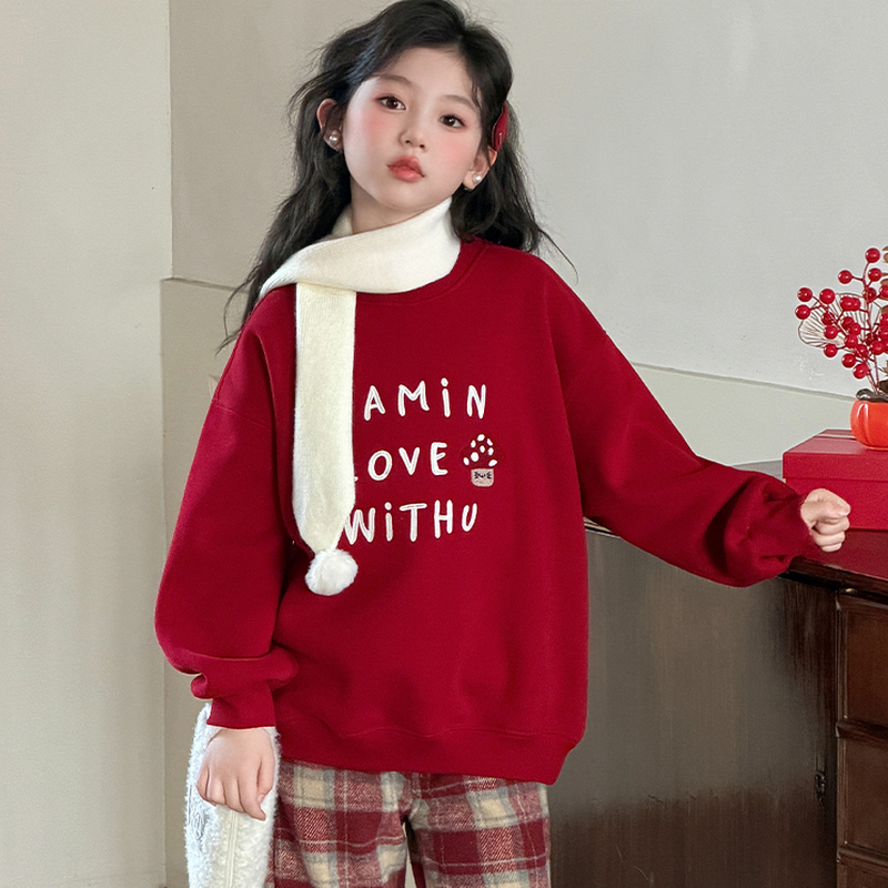 女童红色卫衣2025新款超好看加绒洋气韩系上衣儿童内搭时髦厚冬装